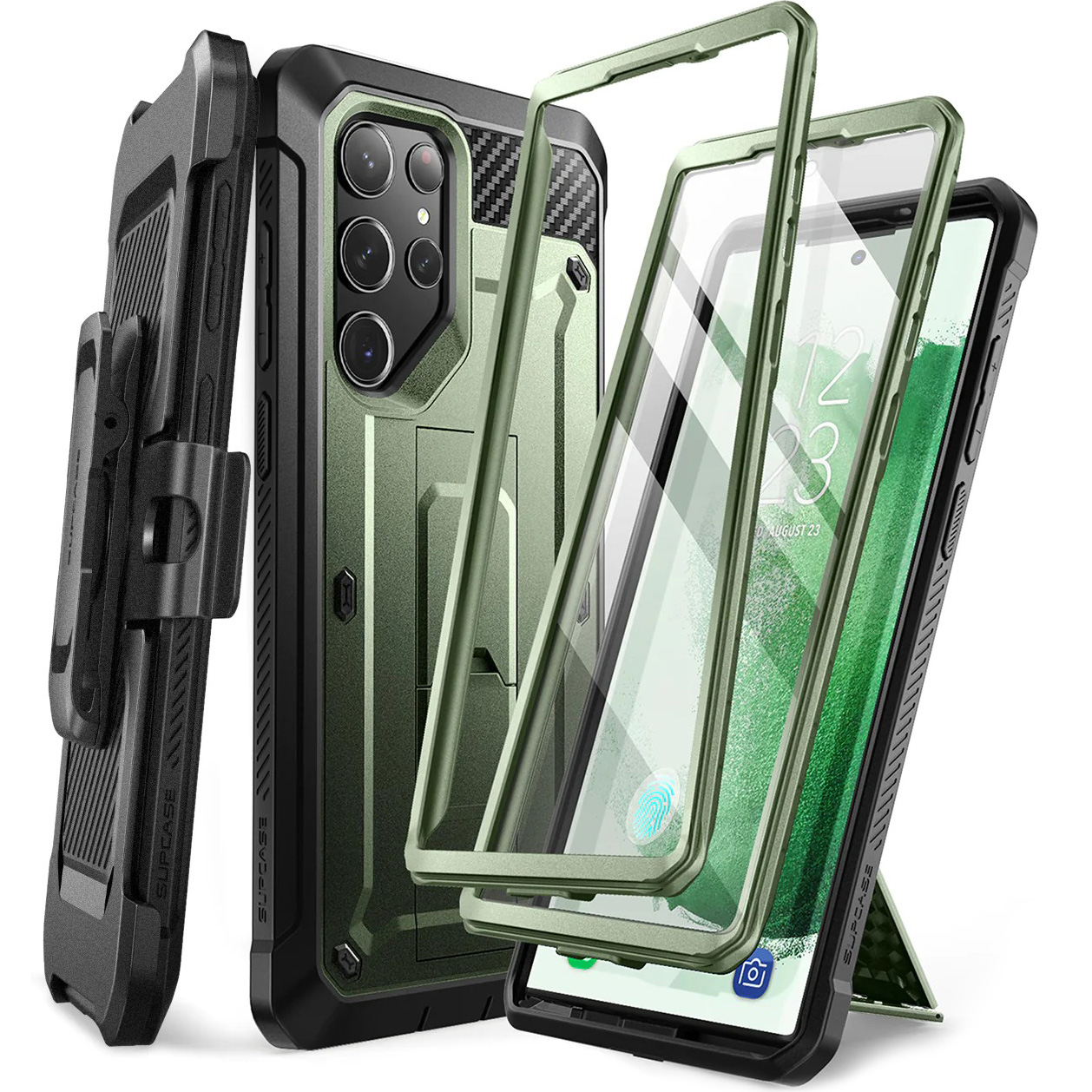 Etui pancerne z osłoną na ekran, z wbudowaną podstawką i kaburą z klipsem obrotowym Supcase Unicorn Beetle Pro do Galaxy S23 Ultra